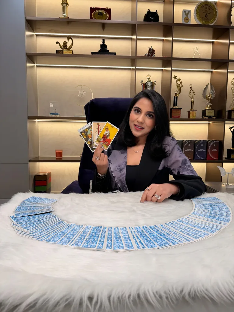 Dr. Sanya K Adhlakha seated at a desk with a tarot spread